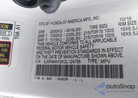 2016 Honda Cr-V Lx from USA, damaged, VIN 5J6RM4H3XGL124796